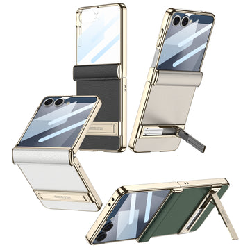 Ultra-thin Plain Leather Plating Magnetic Hinge Bracket Holder Stand Glass Protector Film Case For Samsung Galaxy Z Flip 7
