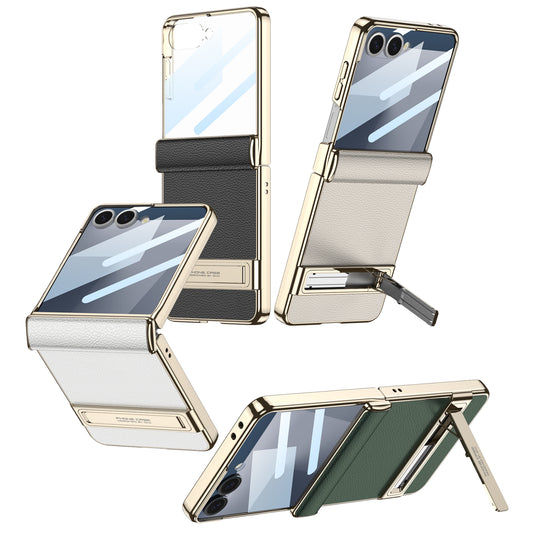 Ultra-thin Plain Leather Plating Magnetic Hinge Bracket Holder Stand Glass Protector Film Case For Samsung Galaxy Z Flip 7
