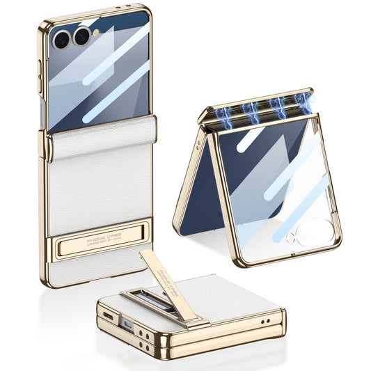 Ultra-thin Plain Leather Plating Magnetic Hinge Bracket Holder Stand Glass Protector Film Case For Samsung Galaxy Z Flip 7