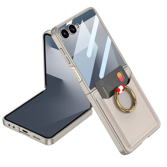 Ultra Thin Electroplated Plain Phone Case With Screen Tempered Film With Ring Holder Wallet CardFor Samsung Galaxy Z Flip 6 7