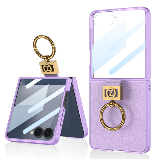 Ultra Thin Plain PU Leather Ring Phone Case with Tempered Protective Film For Samsung Z Flip 7