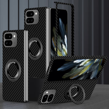 Ultra Thin Carbon Aramid Fiber Textured Magnetic Case With Ring Bracket For Google Pixel 9 Pro Fold