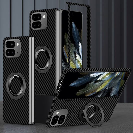 Ultra Thin Carbon Aramid Fiber Textured Magnetic Case With Ring Bracket For Google Pixel 9 Pro Fold