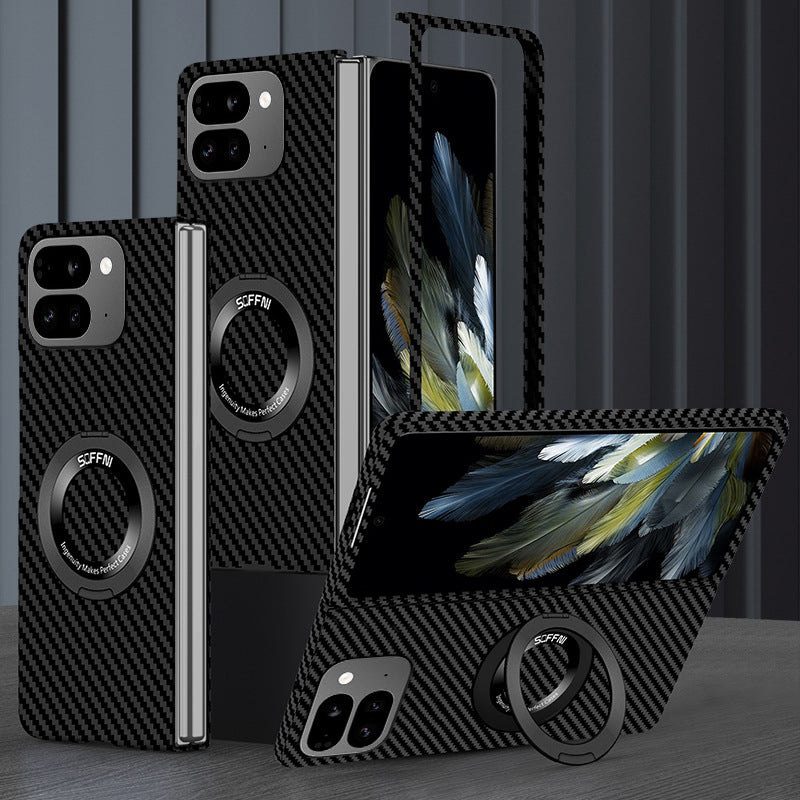 Ultra Thin Carbon Aramid Fiber Textured Magnetic Case With Ring Bracket For Google Pixel 9 Pro Fold