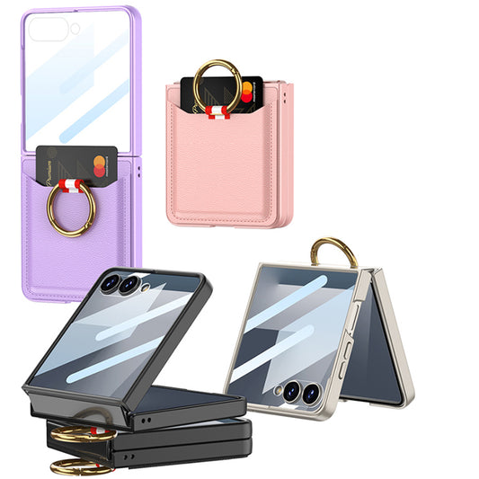 Ultra Thin Electroplated Plain Phone Case With Screen Tempered Film With Ring Holder Wallet CardFor Samsung Galaxy Z Flip 6 7