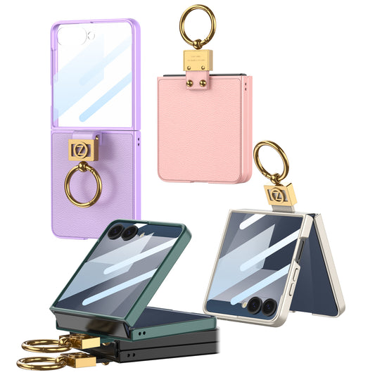 Ultra Thin Plain PU Leather Ring Phone Case with Tempered Protective Film For Samsung Z Flip 7