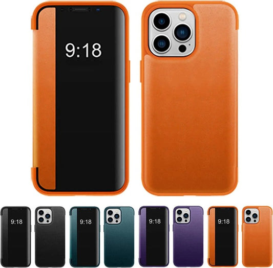View Window Business Plain Leather Flip Phone Case For iPhone