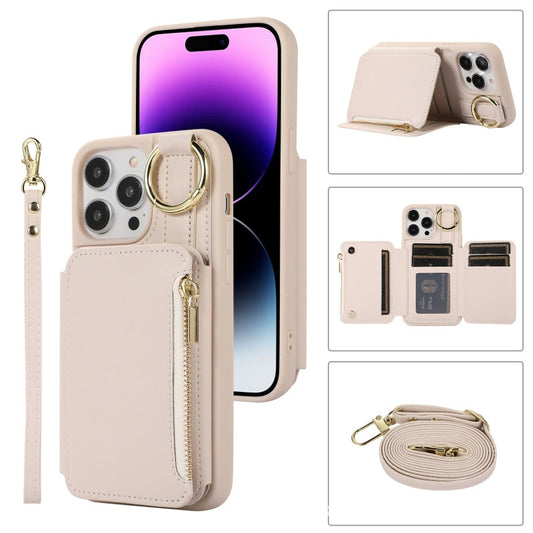 Soft Leather Wallet Case With Diagonal Shoulder Strap Zipper Card Slot For iPhone