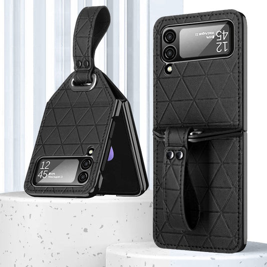 Wrist Strap Lattice Leather Phone Case For Samsung Galaxy Z Flip 5 4 3