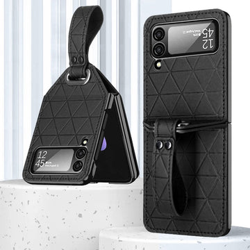 Wrist Strap Lattice Leather Phone Case For Samsung Galaxy Z Flip 5 4