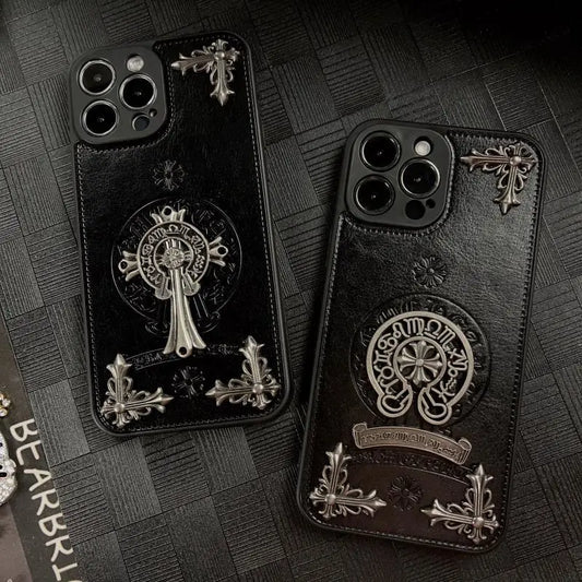 Chrome Hearts Leather Cross Print Phone Case For iPhone