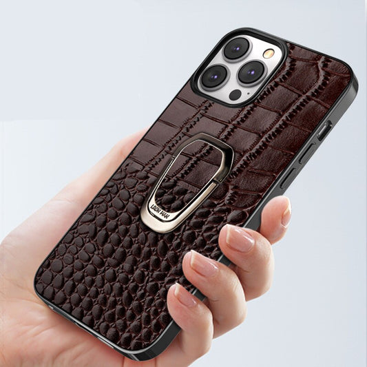 Cowhide Leather Phone Case With Classic Crocodile Metal Ring Holder For iPhone