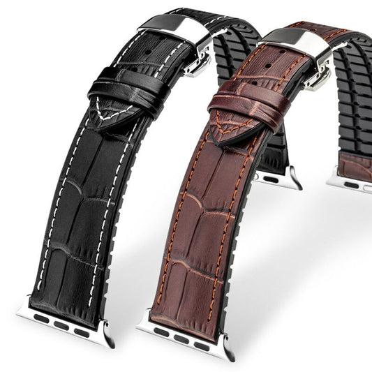Waterproof Real Leather Steel Butterfly Buckle Watchband For Apple Watch 123