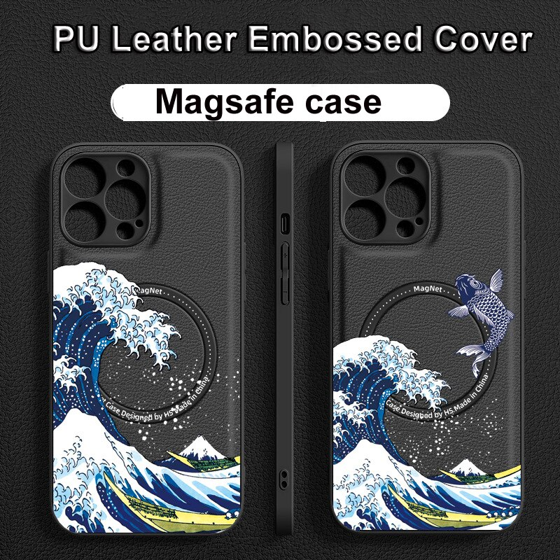 Magsafe Case for iPhone 13 12 11 Pro Max PU Leather Embossed Shell Cat Wave Fish Crane Printed Magnetic Cover Shockproof Fundas