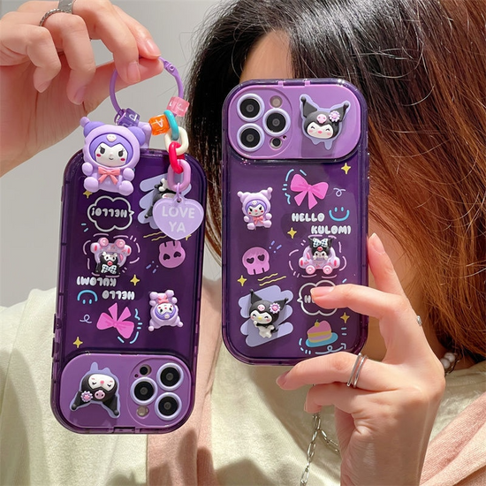 Phone Case Kuromi With 3D Doll Ornaments Pendant Makeup Mirror Phone Case For Iphone 11 12 13 14 Pro Transparent Cover