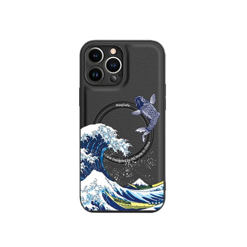 Magsafe Case for iPhone 13 12 11 Pro Max PU Leather Embossed Shell Cat Wave Fish Crane Printed Magnetic Cover Shockproof Fundas