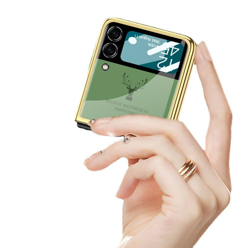 Z Flip 3 Funda Case for Samsung Galaxy Z Flip 4 3 Deer Plating Tempered Glass Camera Protection Mobile Phone Case Cover Z Flip4 3