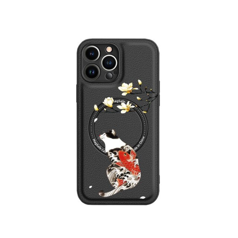 Magsafe Case for iPhone 13 12 11 Pro Max PU Leather Embossed Shell Cat Wave Fish Crane Printed Magnetic Cover Shockproof Fundas