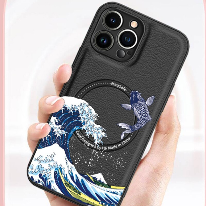 Magsafe Case for iPhone 13 12 11 Pro Max PU Leather Embossed Shell Cat Wave Fish Crane Printed Magnetic Cover Shockproof Fundas