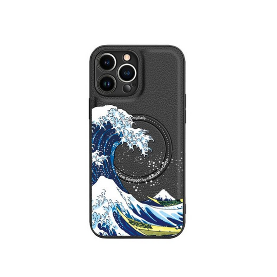 Magsafe Case for iPhone 13 12 11 Pro Max PU Leather Embossed Shell Cat Wave Fish Crane Printed Magnetic Cover Shockproof Fundas