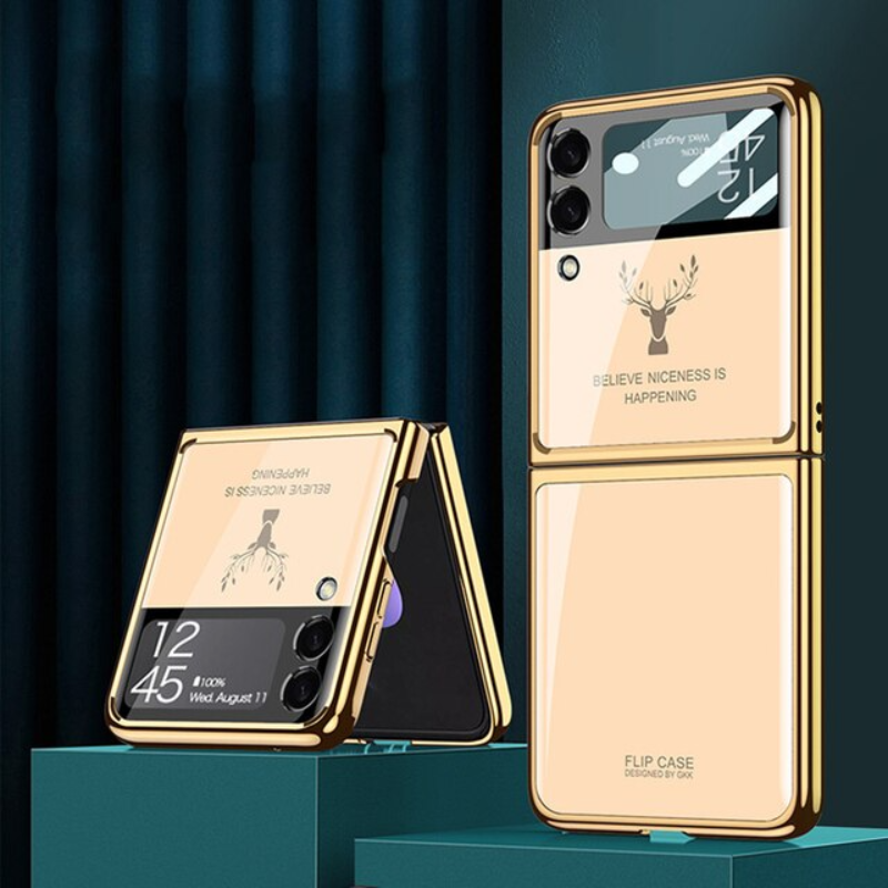 Z Flip 3 Funda Case for Samsung Galaxy Z Flip 4 3 Deer Plating Tempered Glass Camera Protection Mobile Phone Case Cover Z Flip4 3