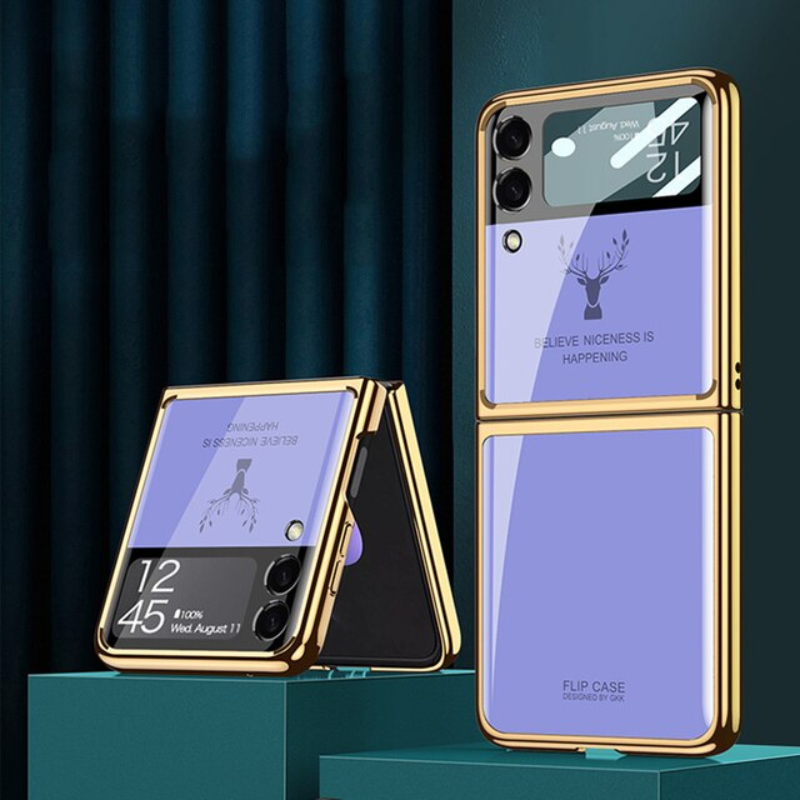 Z Flip 3 Funda Case for Samsung Galaxy Z Flip 4 3 Deer Plating Tempered Glass Camera Protection Mobile Phone Case Cover Z Flip4 3