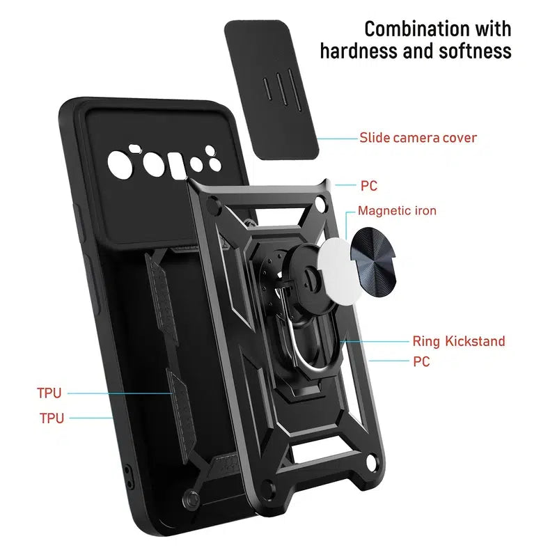 Phone Protective Case For Google Pixel 6 /Pixel 6 Pro With 360° Rotating Ring Holder Anti-Fingerprint Wear-Resistant Drop Sliding Window Design For Protecting Camera