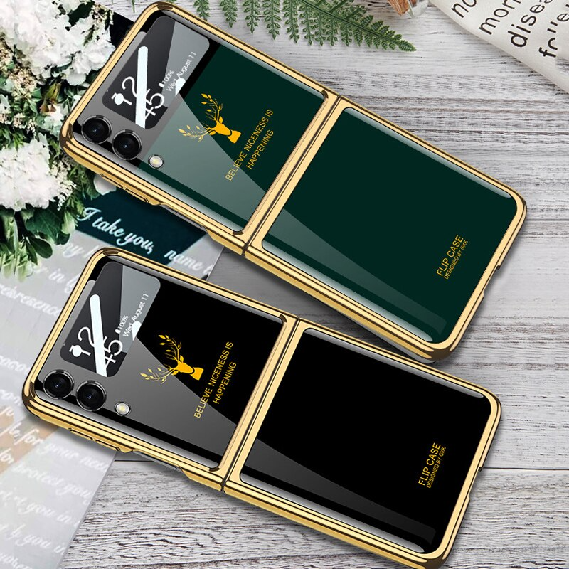 Z Flip 3 Funda Case for Samsung Galaxy Z Flip 4 3 Deer Plating Tempered Glass Camera Protection Mobile Phone Case Cover Z Flip4 3