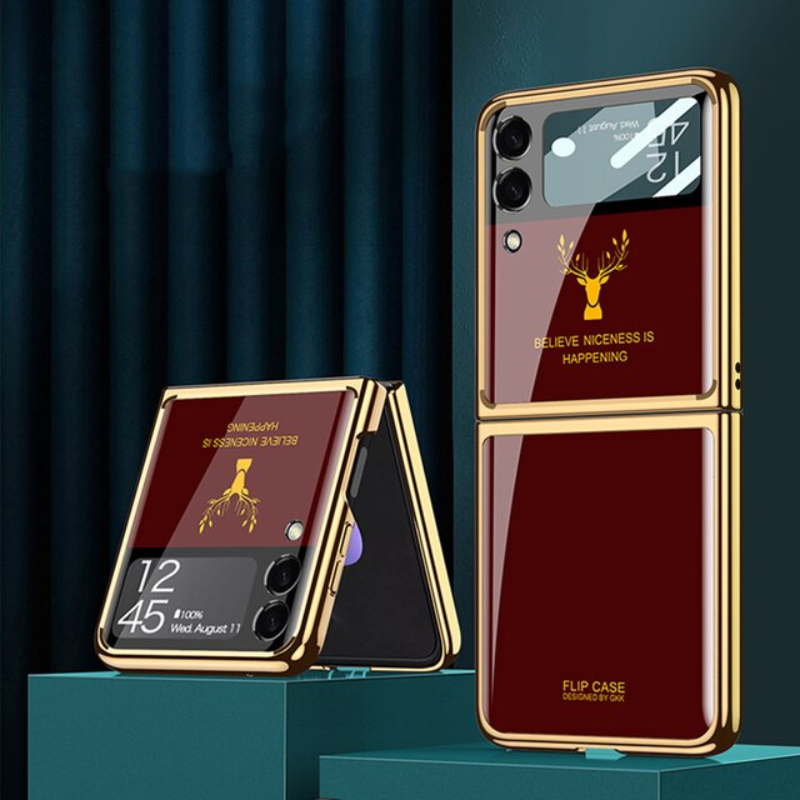 Z Flip 3 Funda Case for Samsung Galaxy Z Flip 4 3 Deer Plating Tempered Glass Camera Protection Mobile Phone Case Cover Z Flip4 3