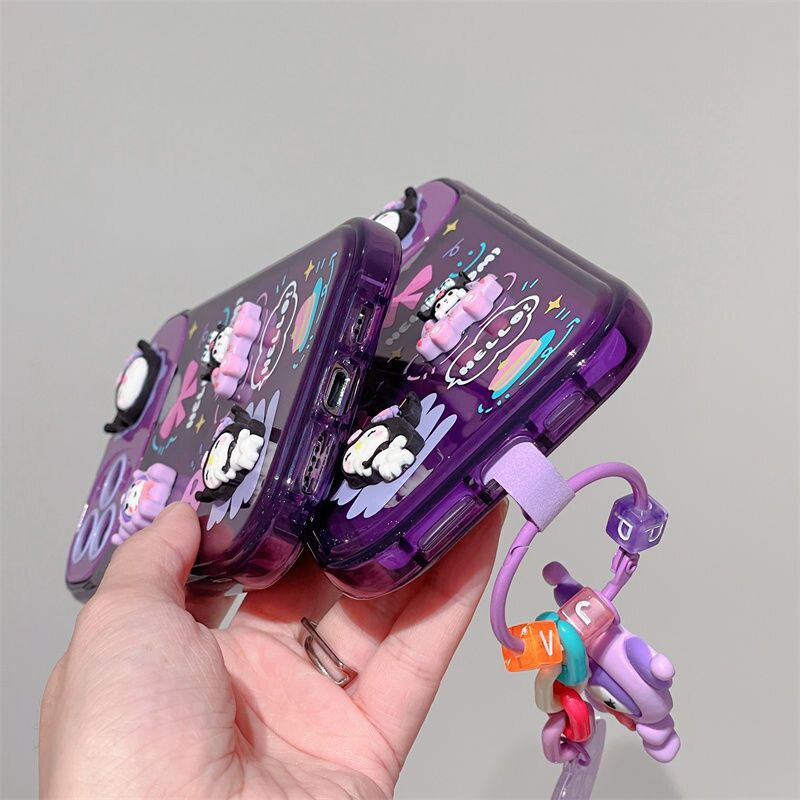 Phone Case Kuromi With 3D Doll Ornaments Pendant Makeup Mirror Phone Case For Iphone 11 12 13 14 Pro Transparent Cover