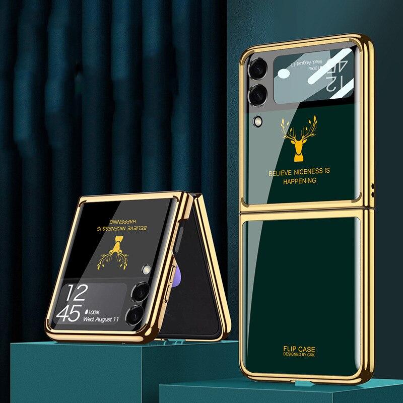 Z Flip 3 Funda Case for Samsung Galaxy Z Flip 4 3 Deer Plating Tempered Glass Camera Protection Mobile Phone Case Cover Z Flip4 3