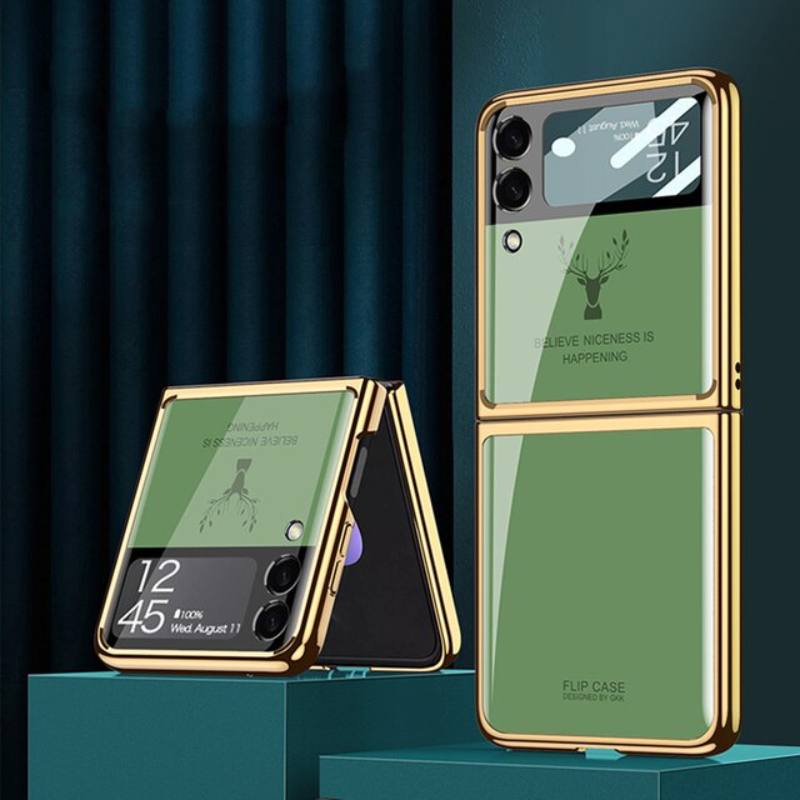 Z Flip 3 Funda Case for Samsung Galaxy Z Flip 4 3 Deer Plating Tempered Glass Camera Protection Mobile Phone Case Cover Z Flip4 3