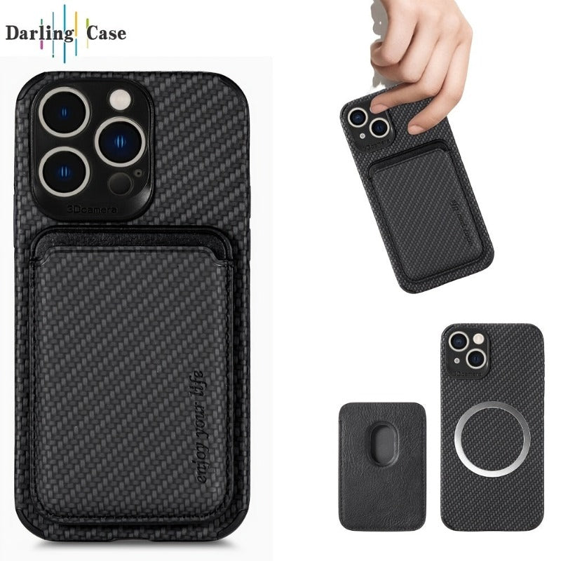 For Magsafe Case For iPhone 14 Pro Max Carbon Fiber Leather Case For Apple 13 12 Mini 11 Pro XR XS Max Wallet Card Magnet Cover
