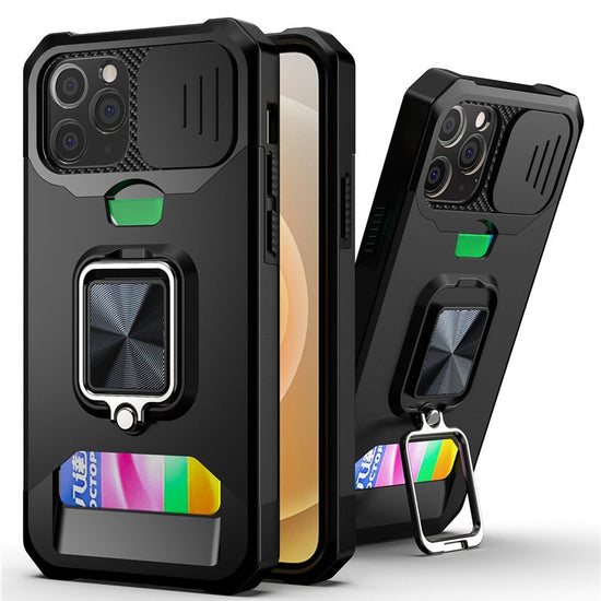 Card Slot Slide Lens Protection Phone Case For iPhone 14 13 11 12 Pro Max Armor Rugged Ring Holder Covert