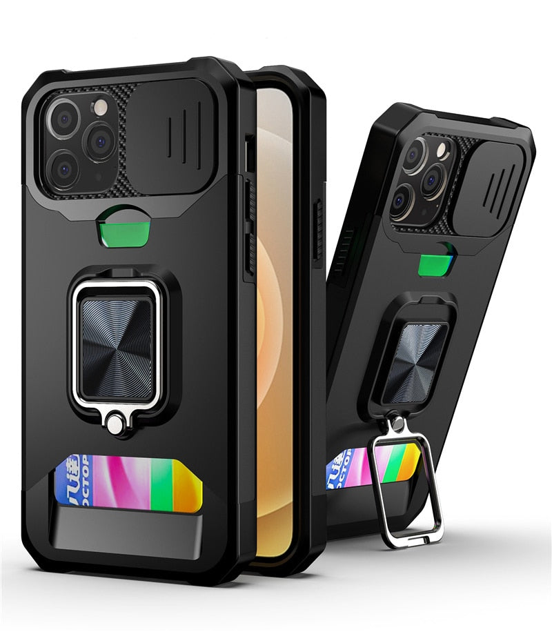 Card Slot Slide Lens Protection Phone Case For iPhone 14 13 11 12 Pro Max Armor Rugged Ring Holder Covert