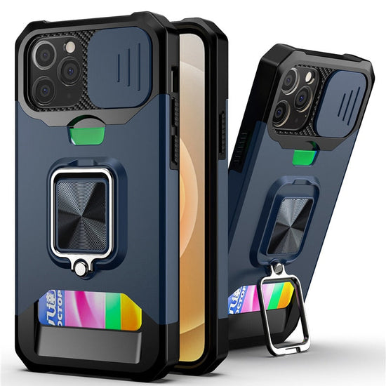 Card Slot Slide Lens Protection Phone Case For iPhone 14 13 11 12 Pro Max Armor Rugged Ring Holder Covert