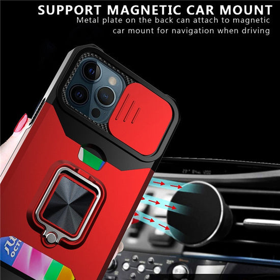 Card Slot Slide Lens Protection Phone Case For iPhone 14 13 11 12 Pro Max Armor Rugged Ring Holder Covert