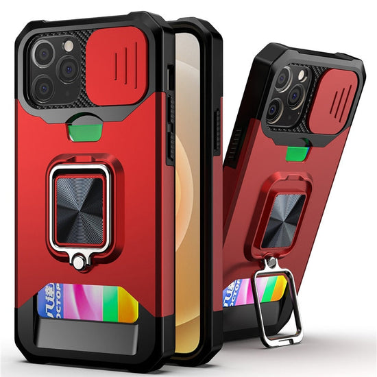 Card Slot Slide Lens Protection Phone Case For iPhone 14 13 11 12 Pro Max Armor Rugged Ring Holder Covert