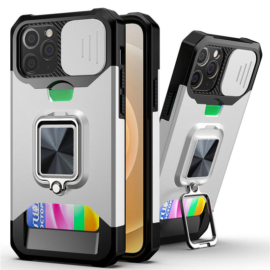 Card Slot Slide Lens Protection Phone Case For iPhone 14 13 11 12 Pro Max Armor Rugged Ring Holder Covert
