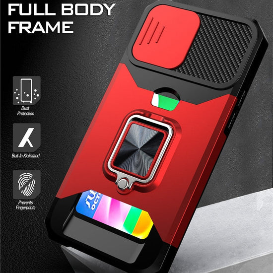 Card Slot Slide Lens Protection Phone Case For iPhone 14 13 11 12 Pro Max Armor Rugged Ring Holder Covert