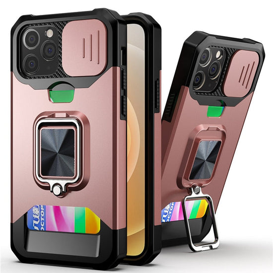 Card Slot Slide Lens Protection Phone Case For iPhone 14 13 11 12 Pro Max Armor Rugged Ring Holder Covert