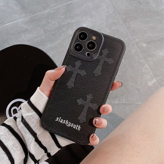 Dark Gothic Chrome Hearts Lether Phone Case for IPhone 11 12 13 14 Pro Max Soft Case Cover