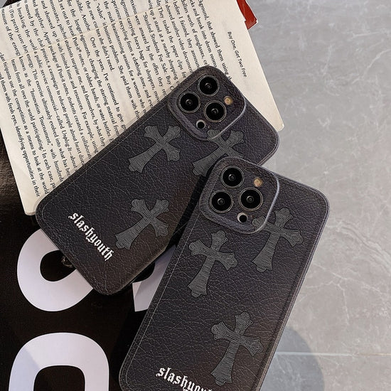 Dark Gothic Chrome Hearts Lether Phone Case for IPhone 11 12 13 14 Pro Max Soft Case Cover