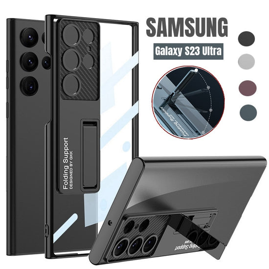 Luxury For Samsung S23 Ultra 5G HD Transparent Kickstand Plating Phone Case For Galaxy S23 Plus Invisible Bracket Shockproof Cover