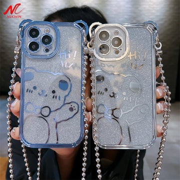 Luxury Glitter Plating Bear Phone Case With Crossbody Chain Lanyard Necklace Strap