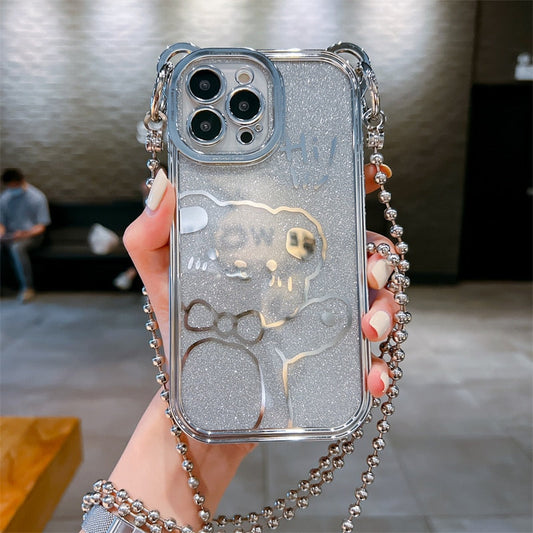 Luxury Glitter Plating Bear Phone Case With Crossbody Chain Lanyard Necklace Strap