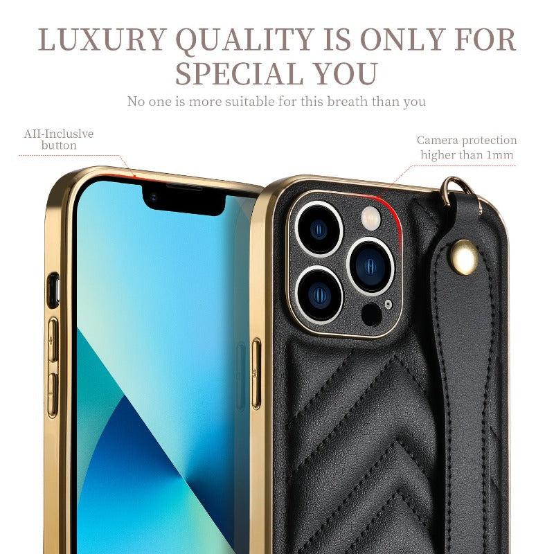 For iPhone 13 12 Pro Max Case Wrist Strap Soft Cover Leather Case Small Fragrance Back Cover
