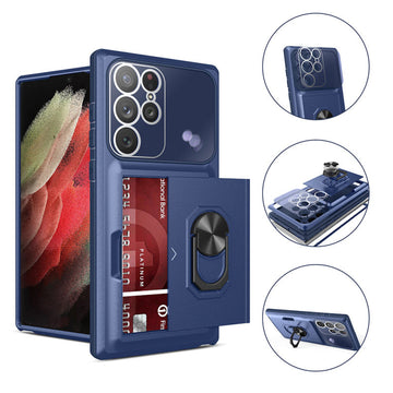 Slide Wallet Card Slot Armor Phone Case For Samsung Galaxy  Shockproof Magnetic Ring Cover