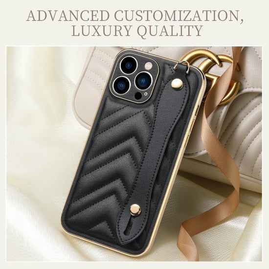 For iPhone 13 12 Pro Max Case Wrist Strap Soft Cover Leather Case Small Fragrance Back Cover