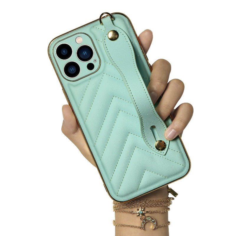 For iPhone 13 12 Pro Max Case Wrist Strap Soft Cover Leather Case Small Fragrance Back Cover